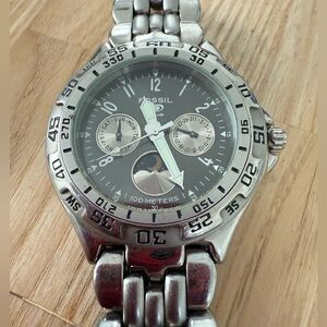 Fossil Blue mens gray and stainless steel moon phase sport watch NEW BATTERY